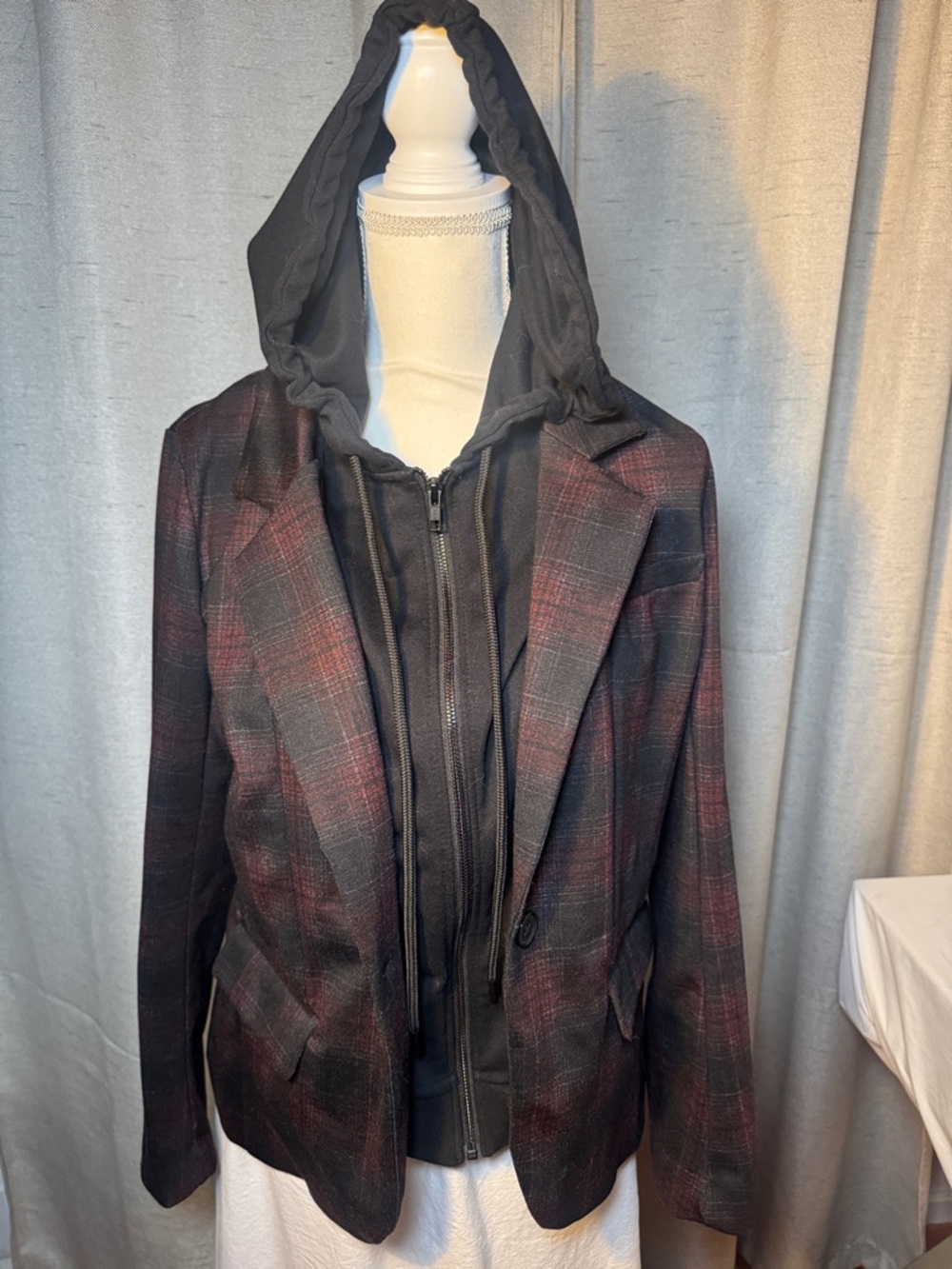 Women’s Liverpool Black and Burgundy Plaid Blazer with Removable Black Hoodie M